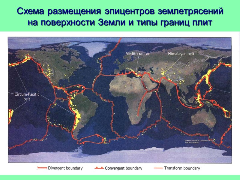 Схема размещения эпицентров землетрясений на поверхности Земли и типы границ плит